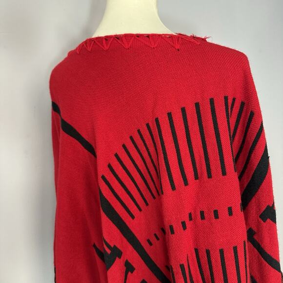 Kensie Red Black Southwestern Fringe Poncho Sweater Reversible Shawl Holiday O/S - Picture 10 of 11